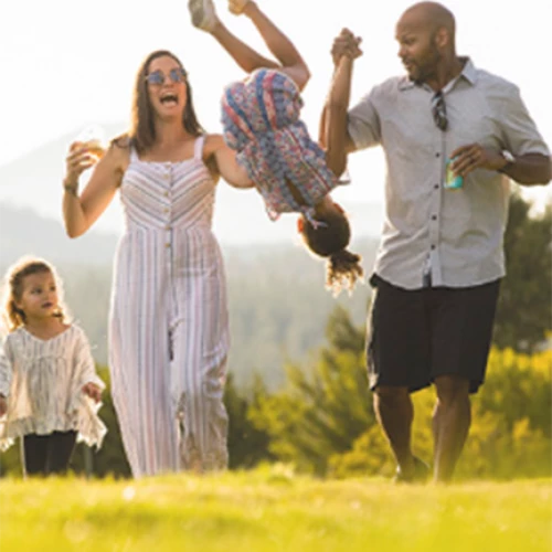 A family of four is playing outside; two parents swing a laughing child, while another child walks beside them. Sunlit grass and trees form the background.